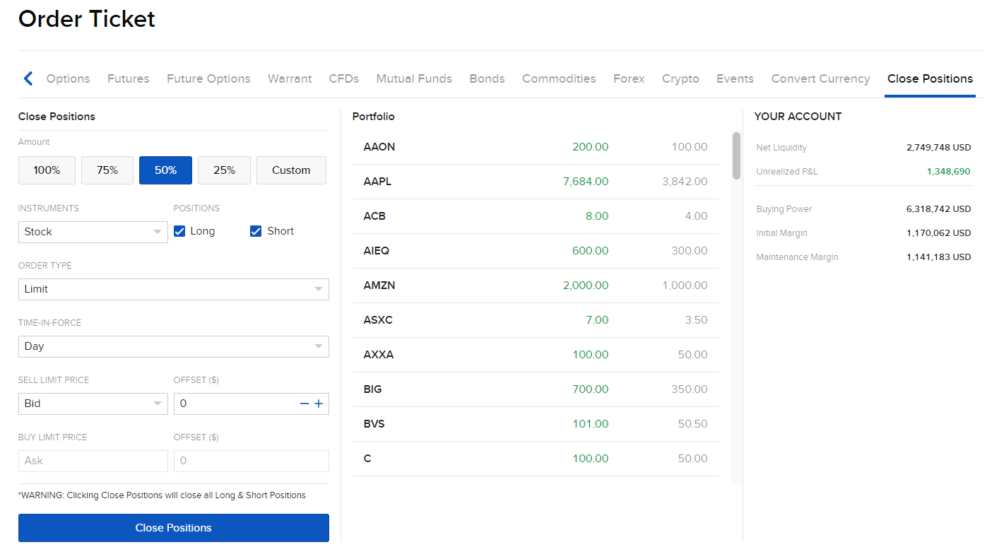 The close positions panel in Portal. 